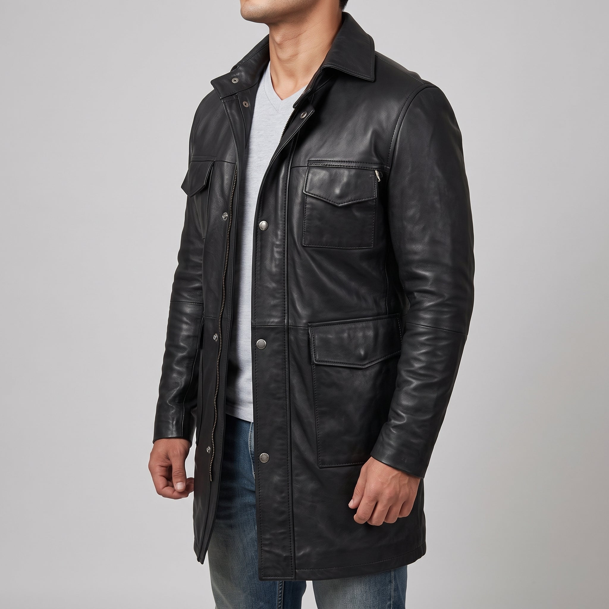 Men's Black Leather Field Coat - Mid-Length Genuine Leather Coat