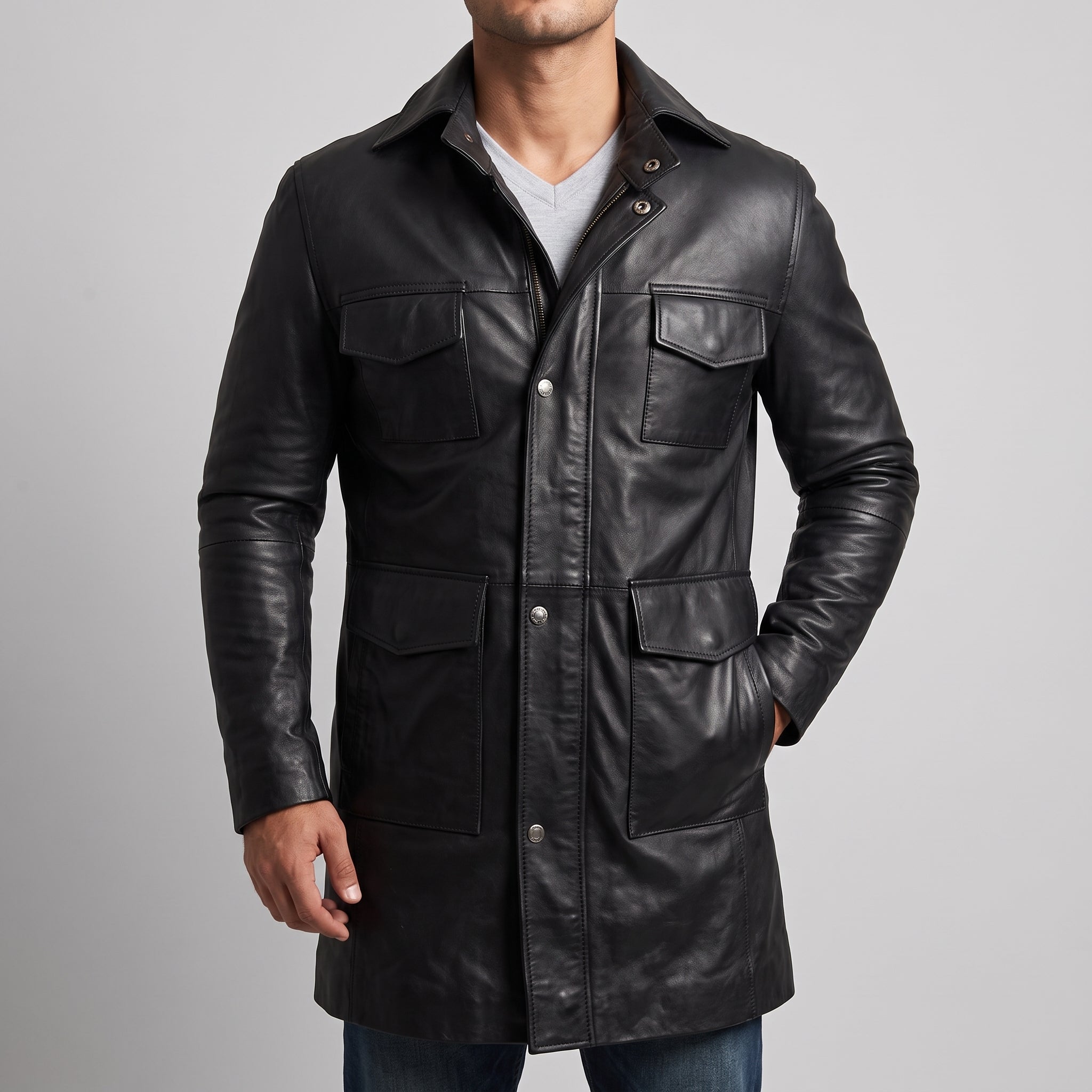 Men's Black Leather Field Coat - Mid-Length Genuine Leather Coat