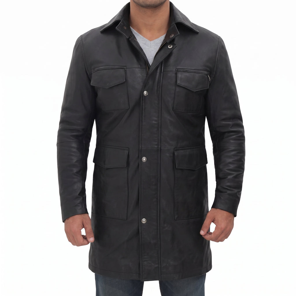 Men's Black Leather Field Coat - Mid-Length Genuine Leather Coat