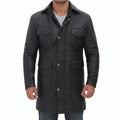 Men's Black Leather Field Coat - Mid-Length Genuine Leather Coat