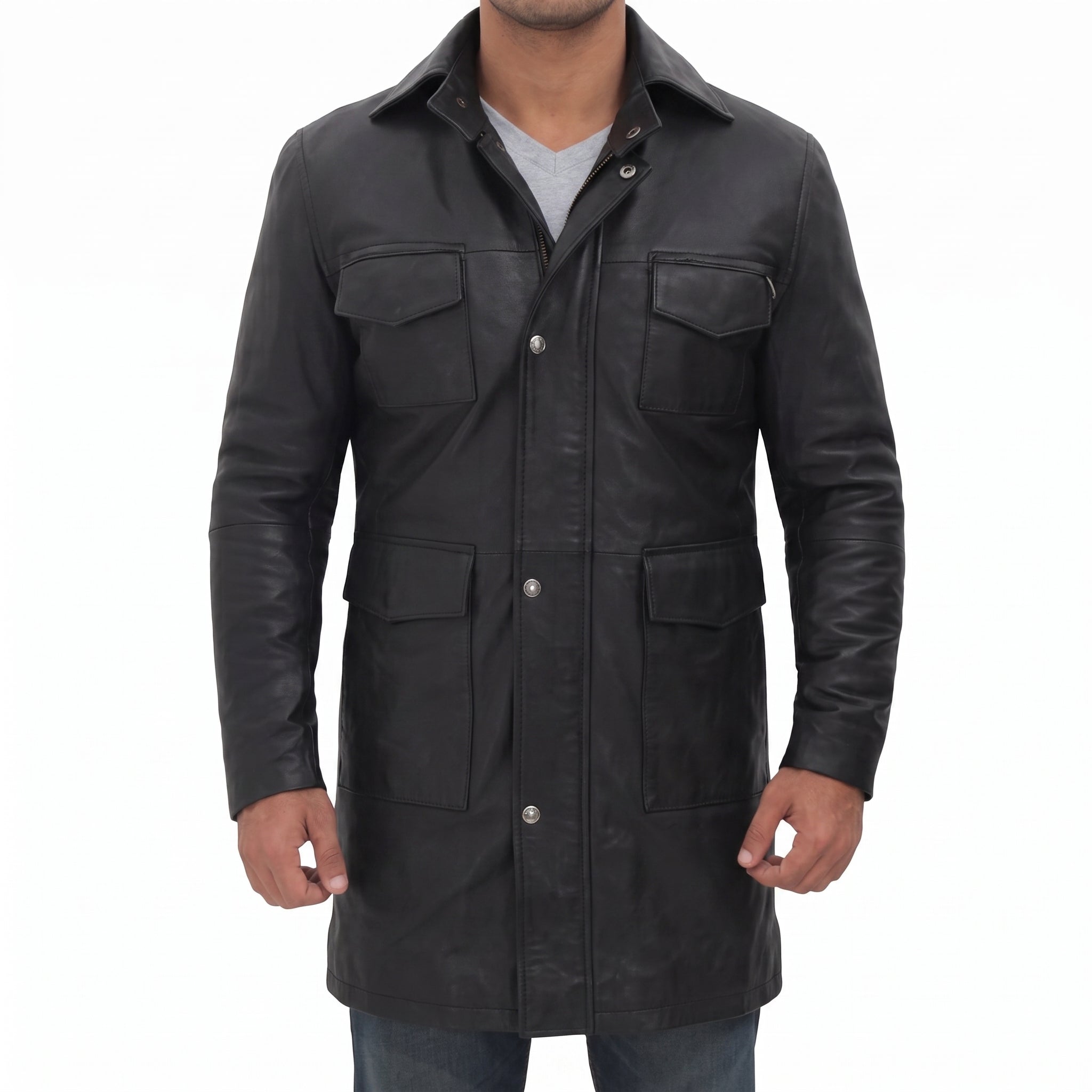 Men's Black Leather Field Coat - Mid-Length Genuine Leather Coat