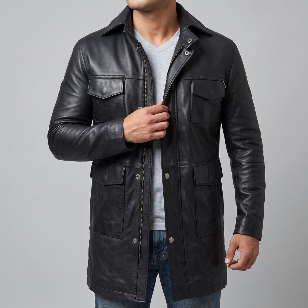 Men's Black Leather Field Coat - Mid-Length Genuine Leather Coat