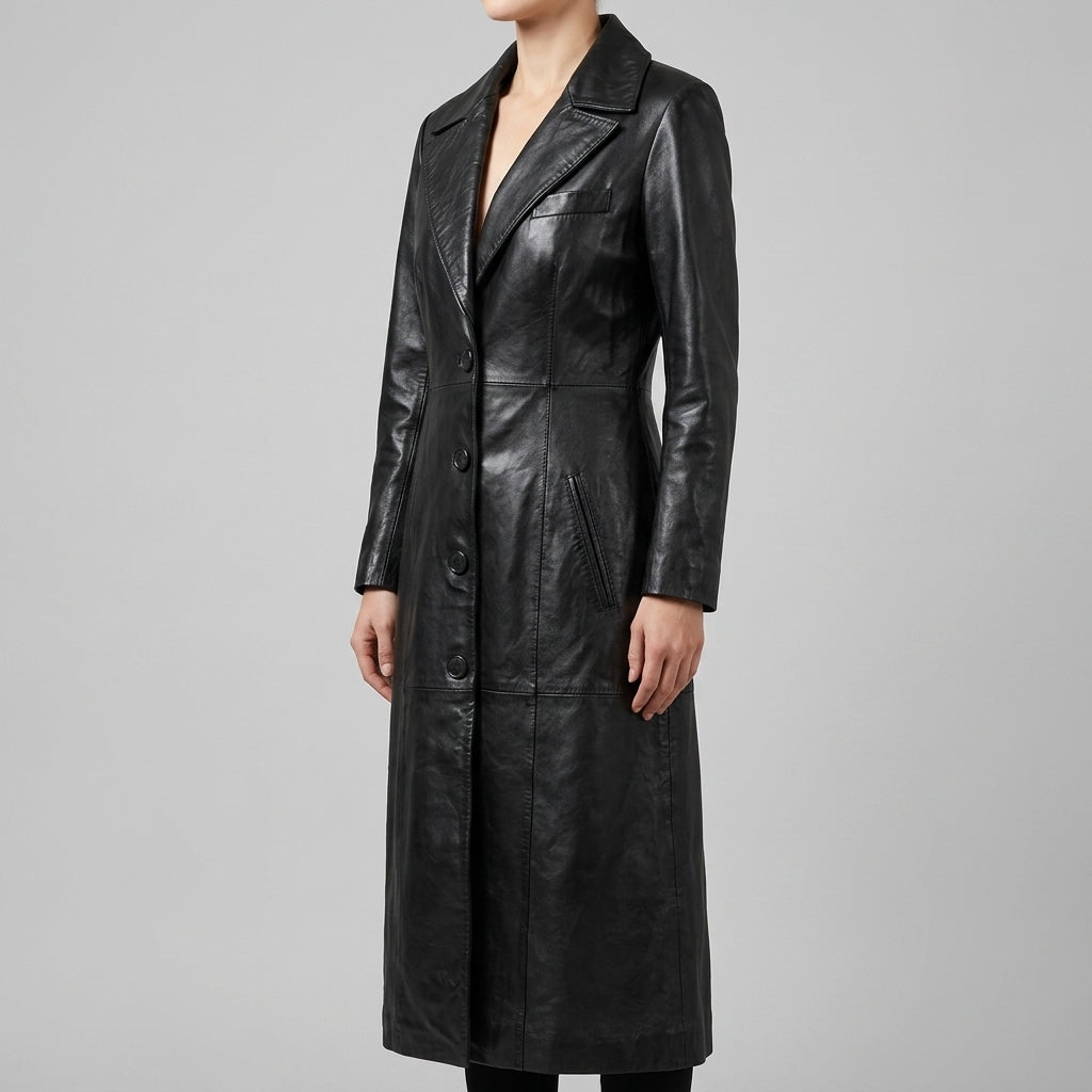 Women's Black Leather Tailored Long Coat - Single Breasted Trench Coat