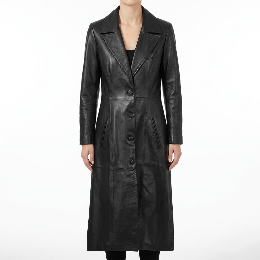 Women's Black Leather Tailored Long Coat - Single Breasted Trench Coat