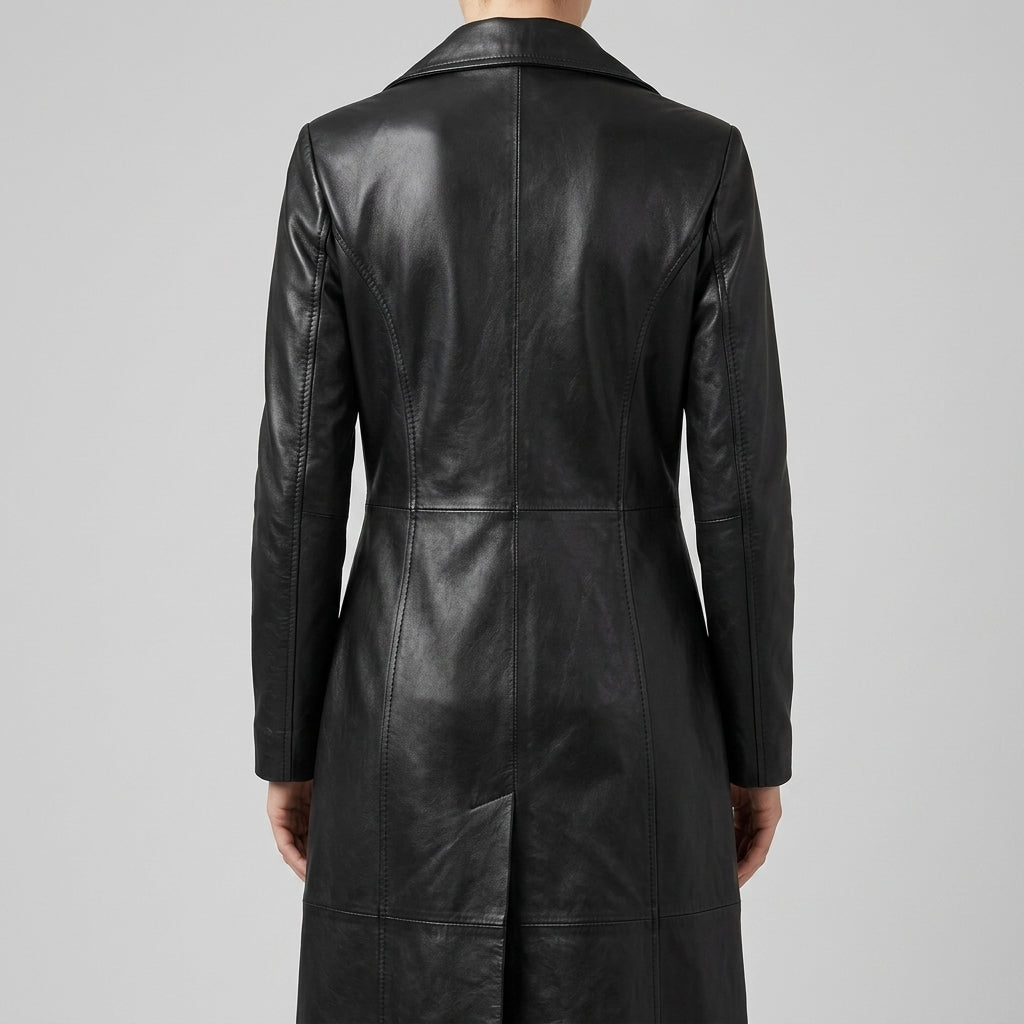 Women's Black Leather Tailored Long Coat - Single Breasted Trench Coat