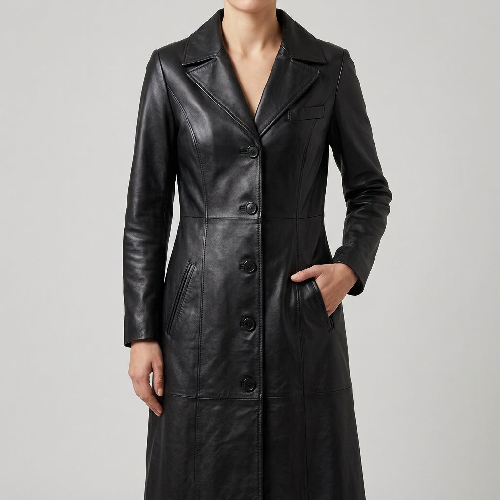 Women's Black Leather Tailored Long Coat - Single Breasted Trench Coat