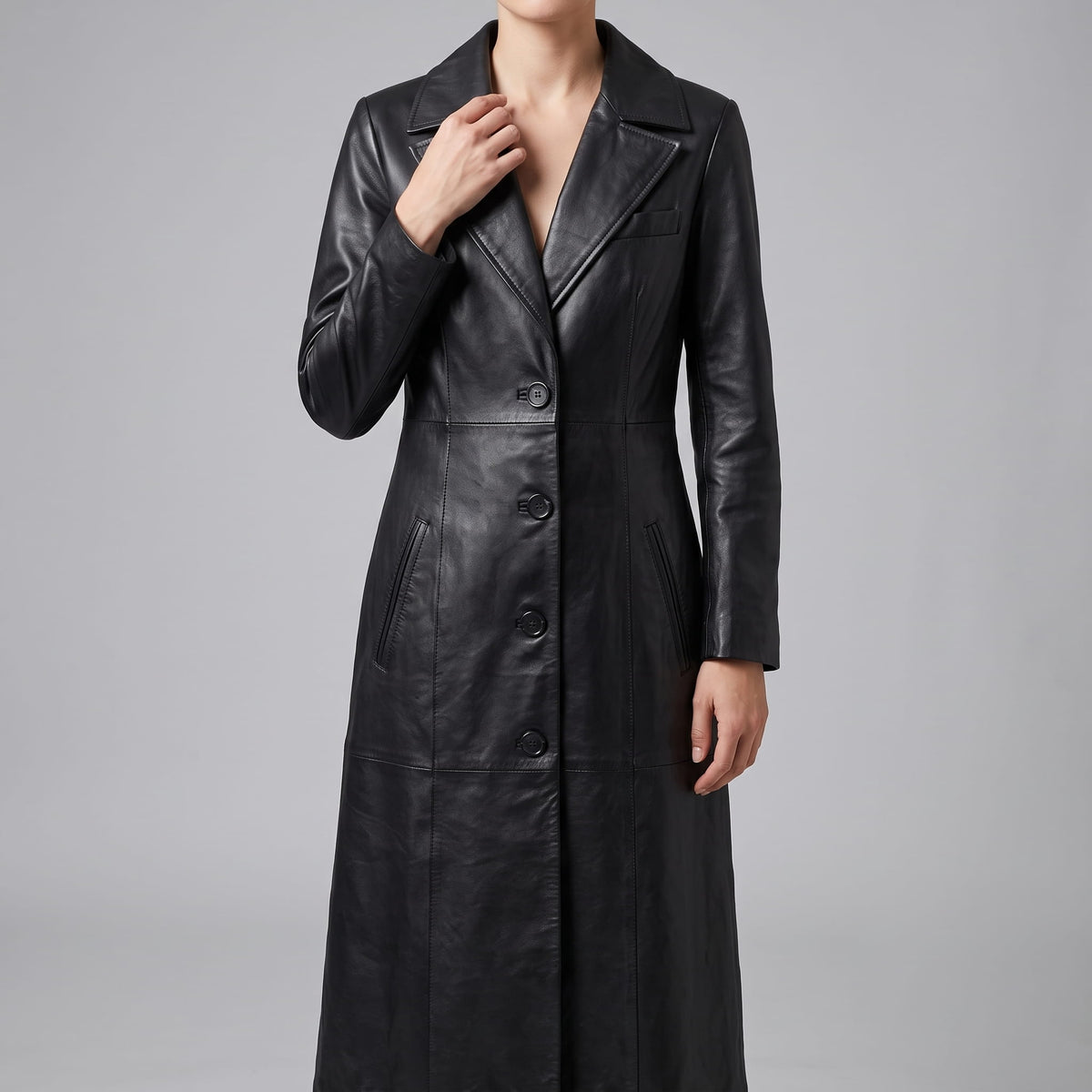 Women's Black Leather Tailored Long Coat - Single Breasted Trench Coat