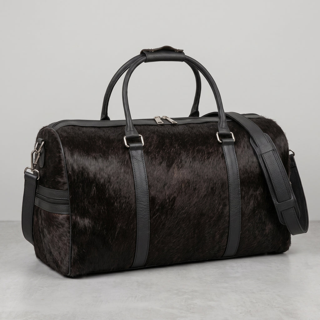 Premium Black Cowhide Leather Travel Duffel Bag