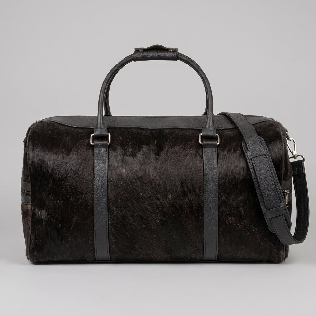 Premium Black Cowhide Leather Travel Duffel Bag