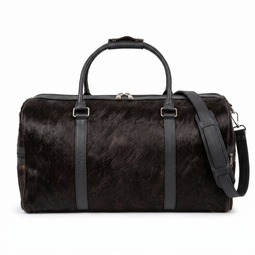 Premium Black Cowhide Leather Travel Duffel Bag