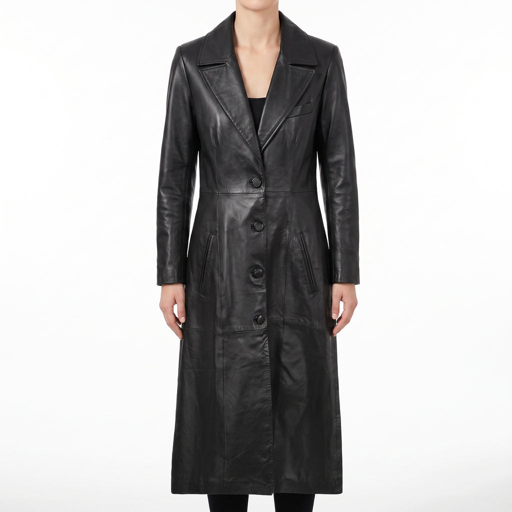 Women's Black Leather Tailored Long Coat