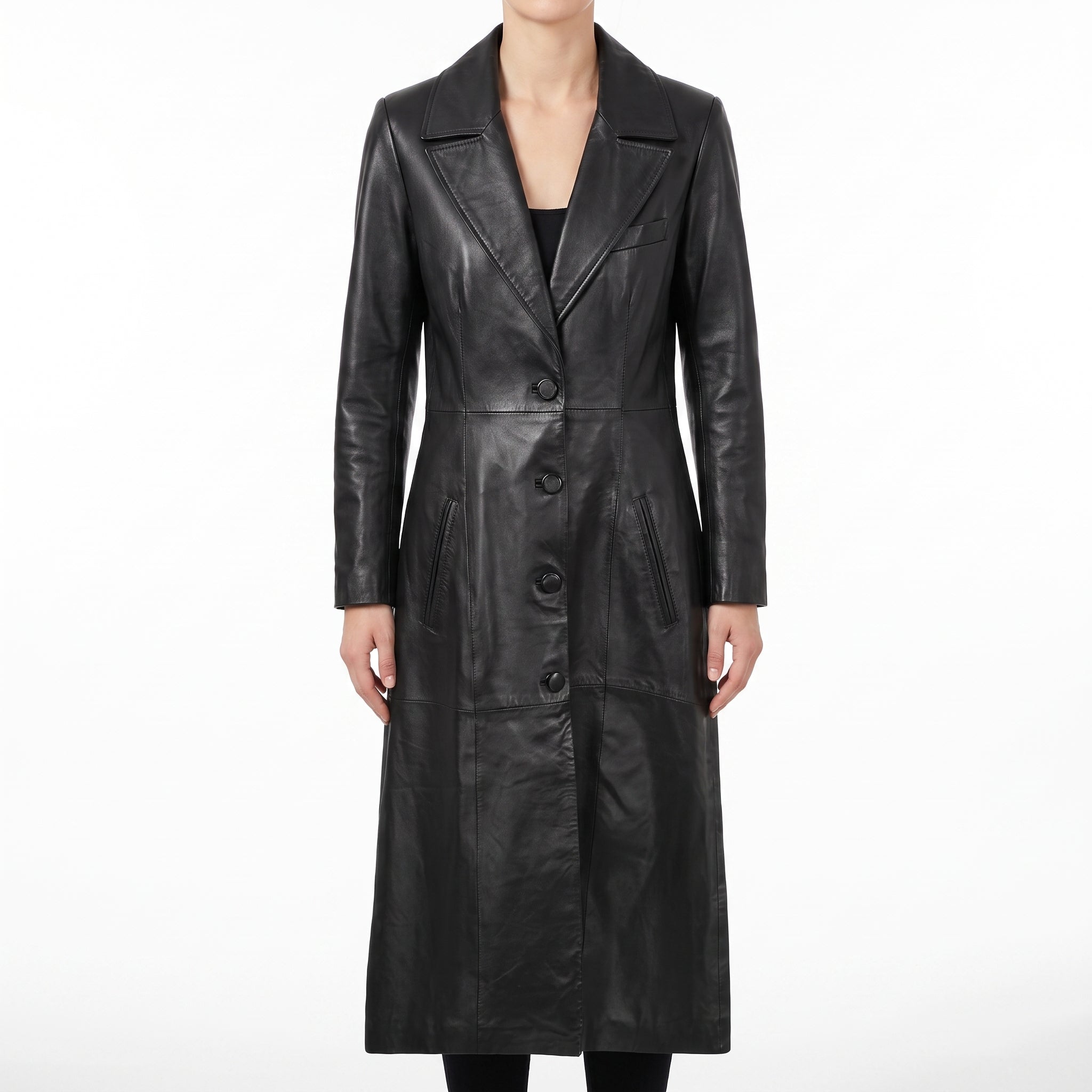 Women's Black Leather Tailored Long Coat