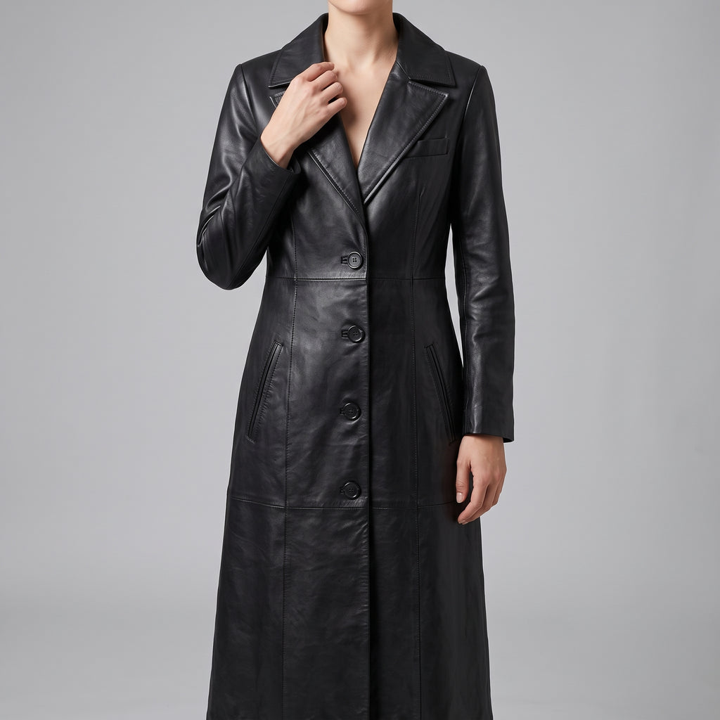 Women's Black Leather Tailored Long Coat