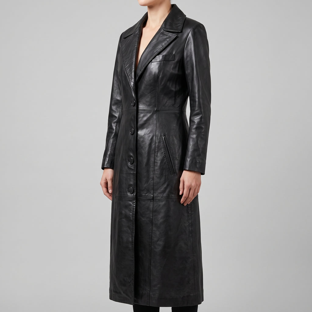 Women's Black Leather Tailored Long Coat