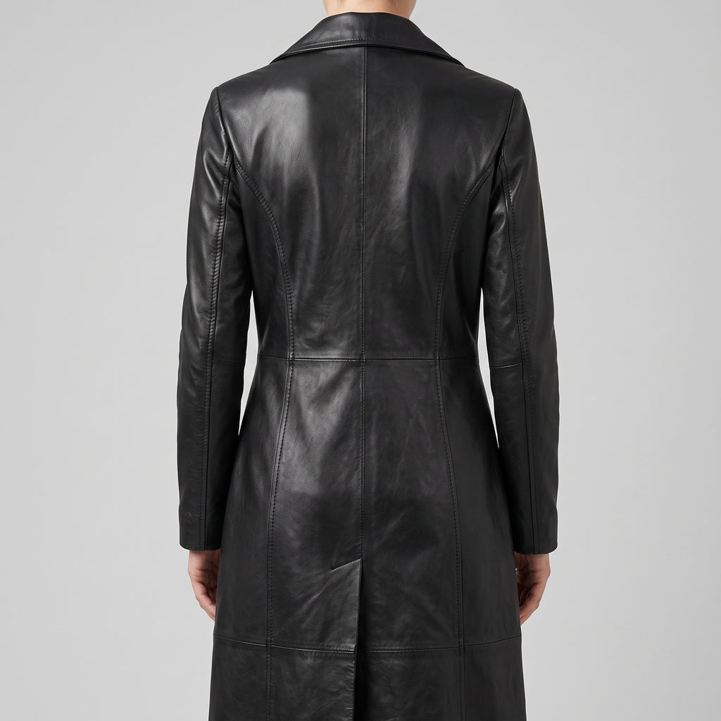Women's Black Leather Tailored Long Coat