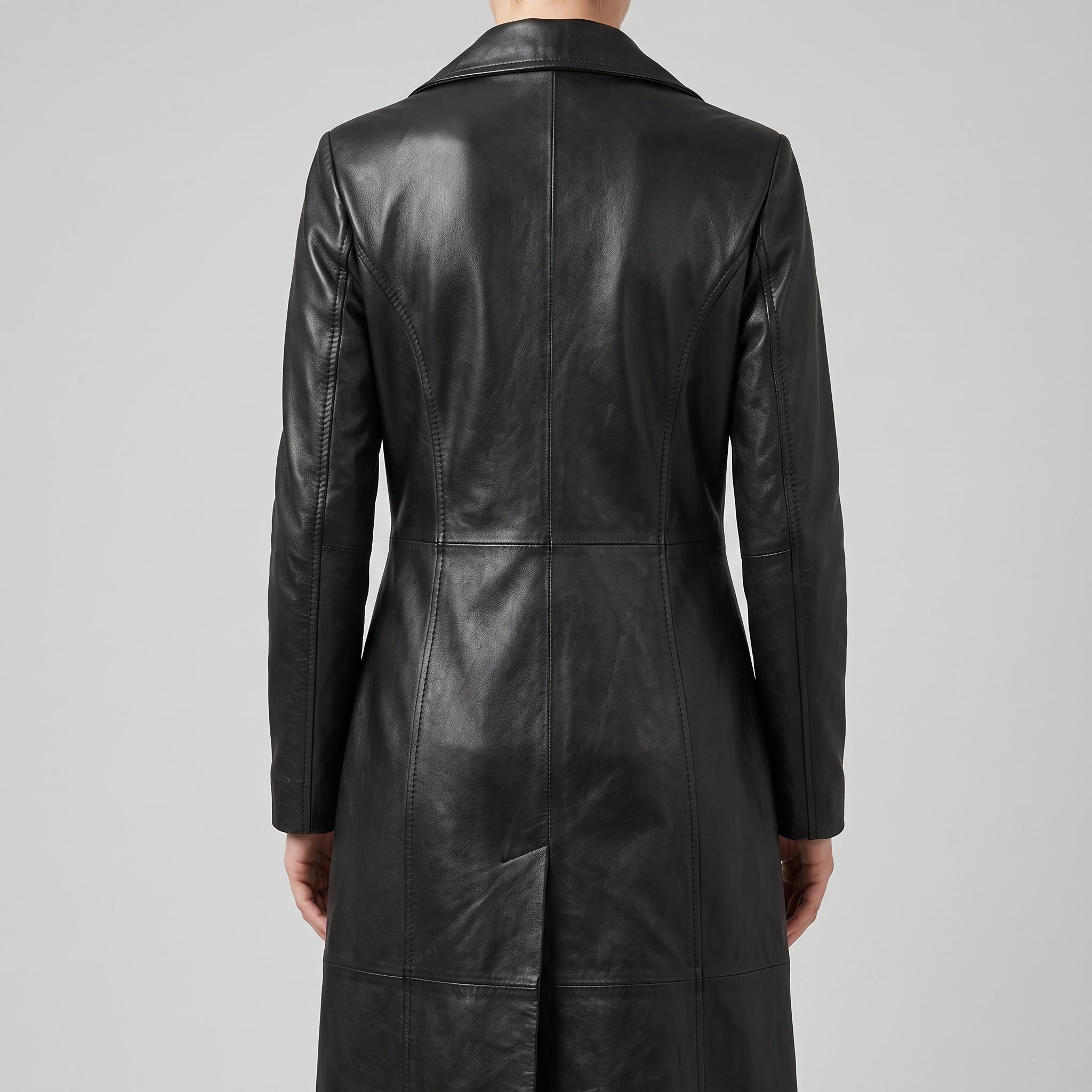 Women's Black Leather Tailored Long Coat