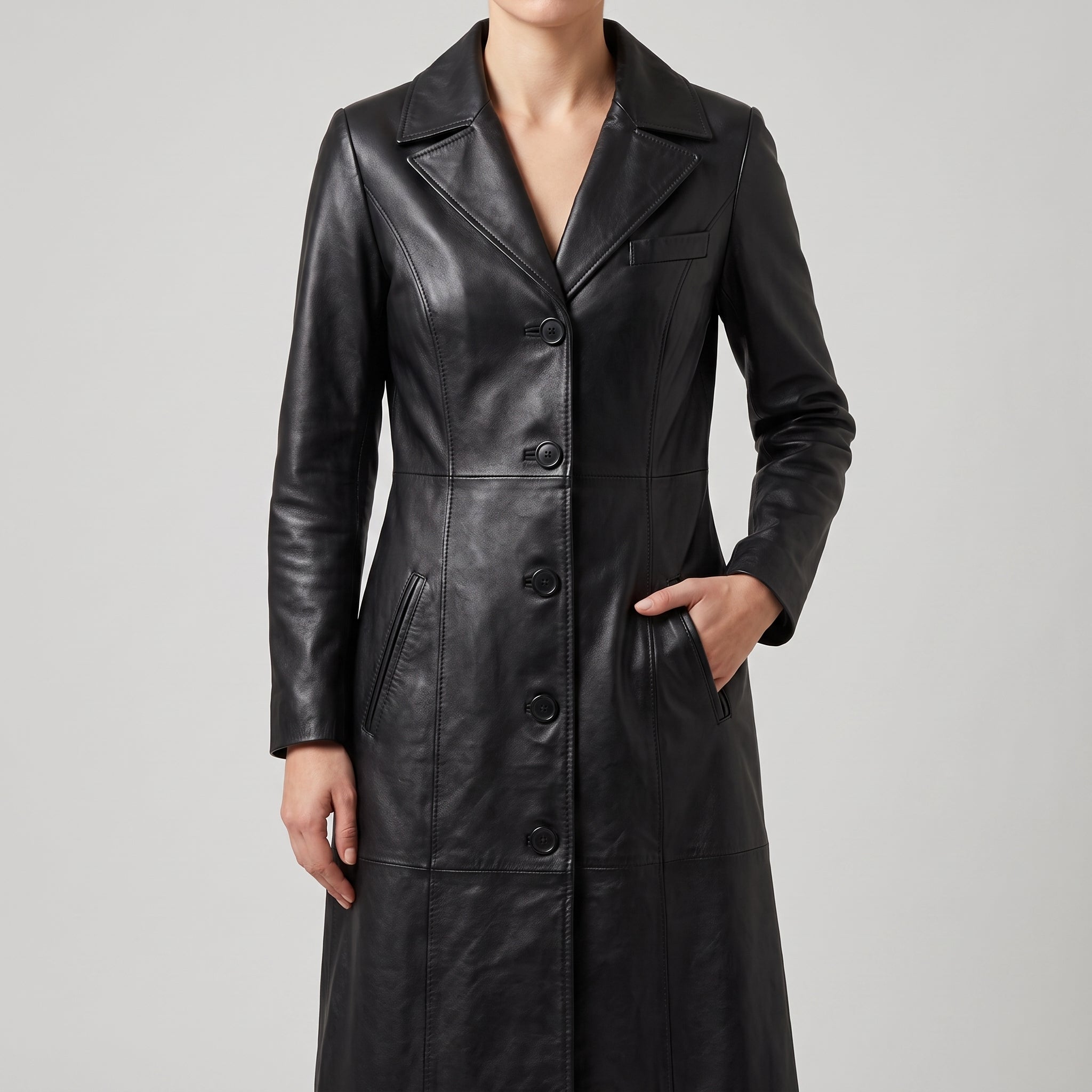 Women's Black Leather Tailored Long Coat