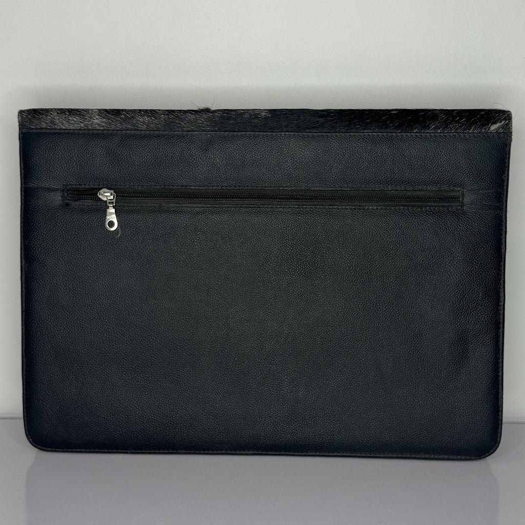 Black Leather Laptop Bag with Cowhide Trim – Slim Zip Portfolio Case