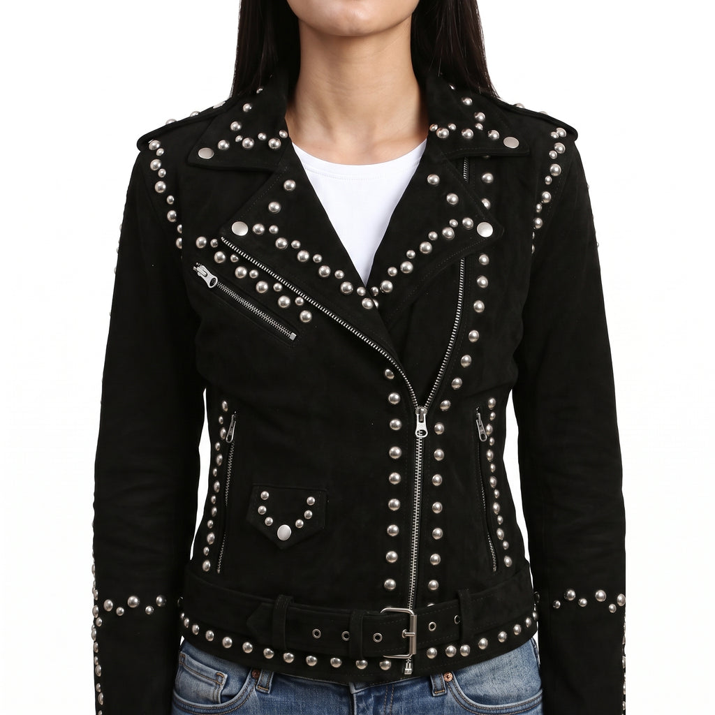 Women's Black Suede Studded Biker Jacket - Genuine Suede Moto Jacket