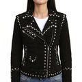 Women's Black Suede Studded Biker Jacket - Genuine Suede Moto Jacket