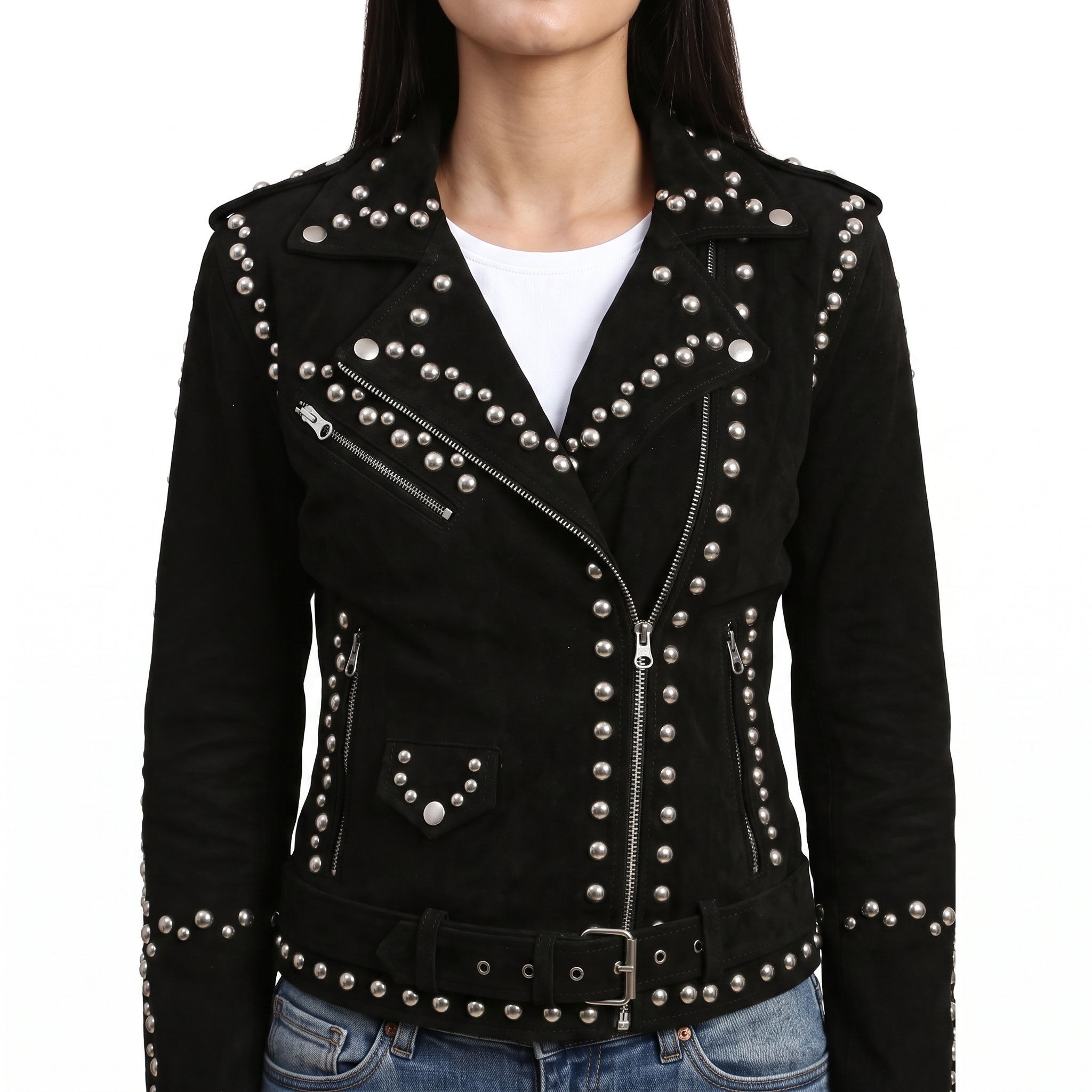 Women's Black Suede Studded Biker Jacket - Genuine Suede Moto Jacket