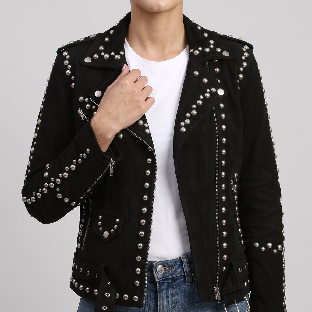 Women's Black Suede Studded Biker Jacket - Genuine Suede Moto Jacket