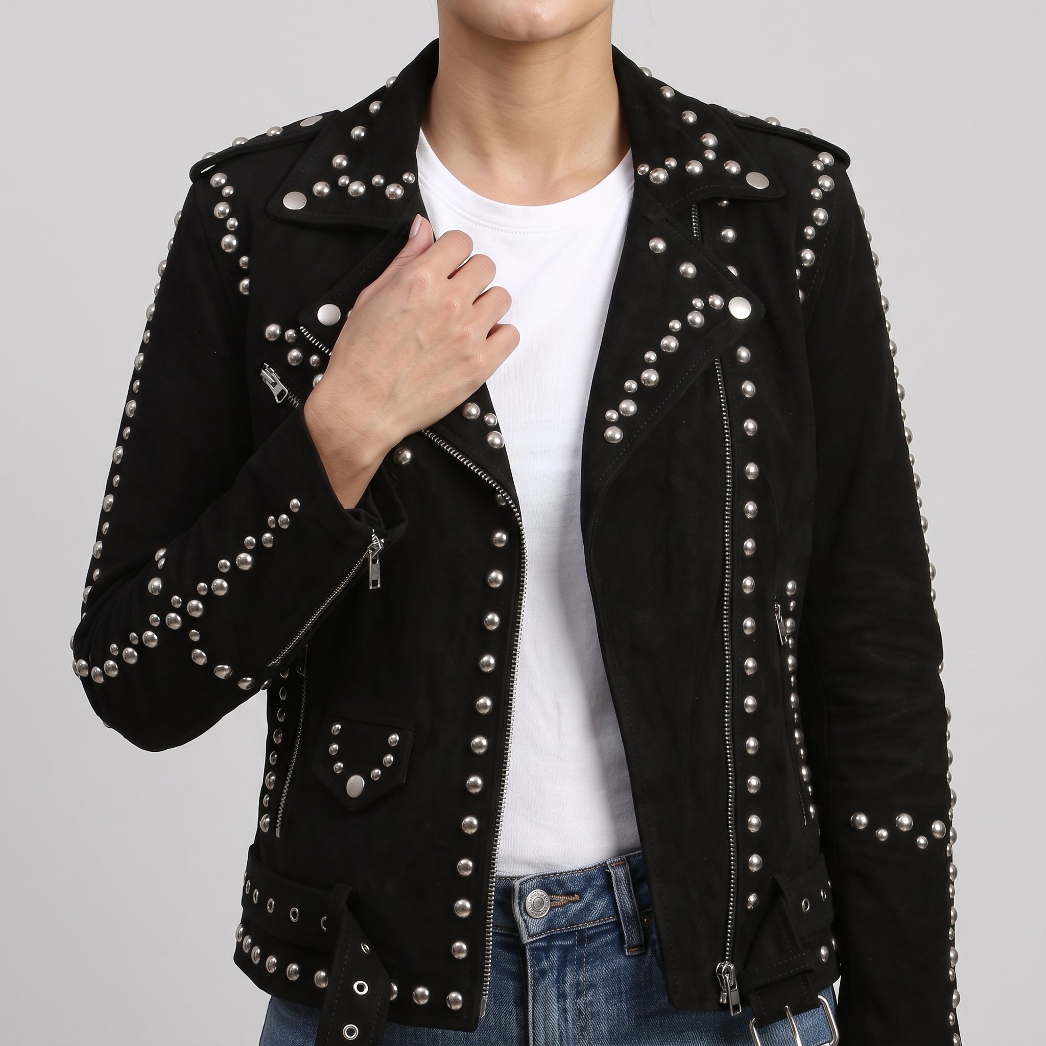 Women's Black Suede Studded Biker Jacket - Genuine Suede Moto Jacket