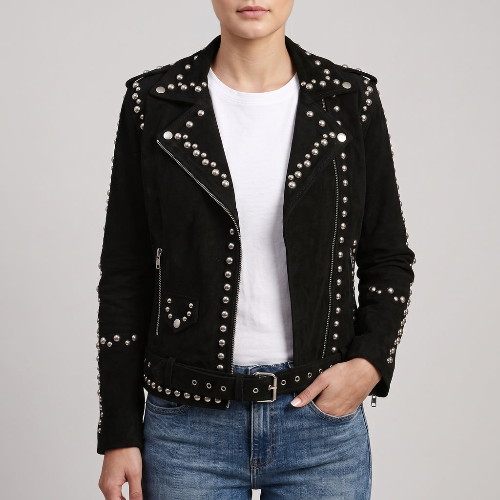 Women's Black Suede Studded Biker Jacket - Genuine Suede Moto Jacket