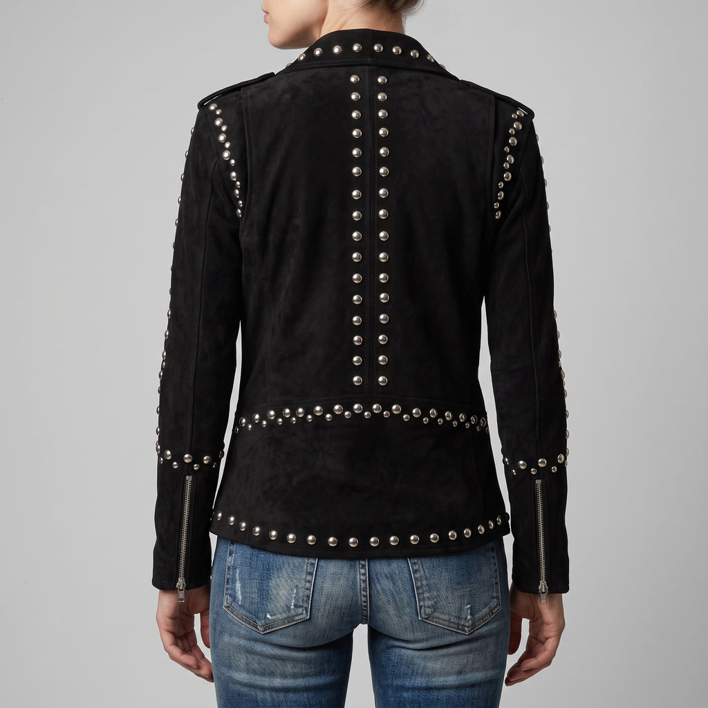 Women's Black Suede Studded Biker Jacket - Genuine Suede Moto Jacket