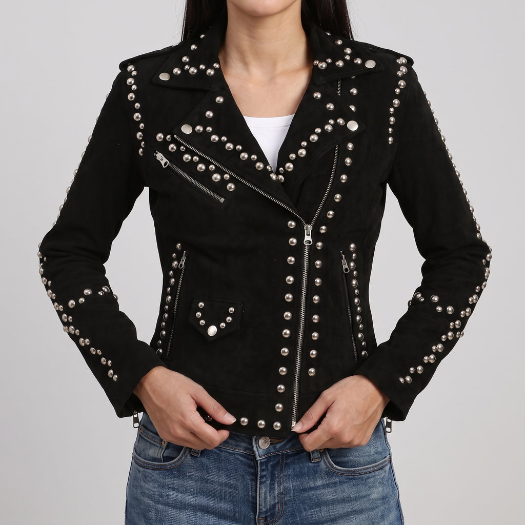 Women's Black Suede Studded Biker Jacket - Genuine Suede Moto Jacket
