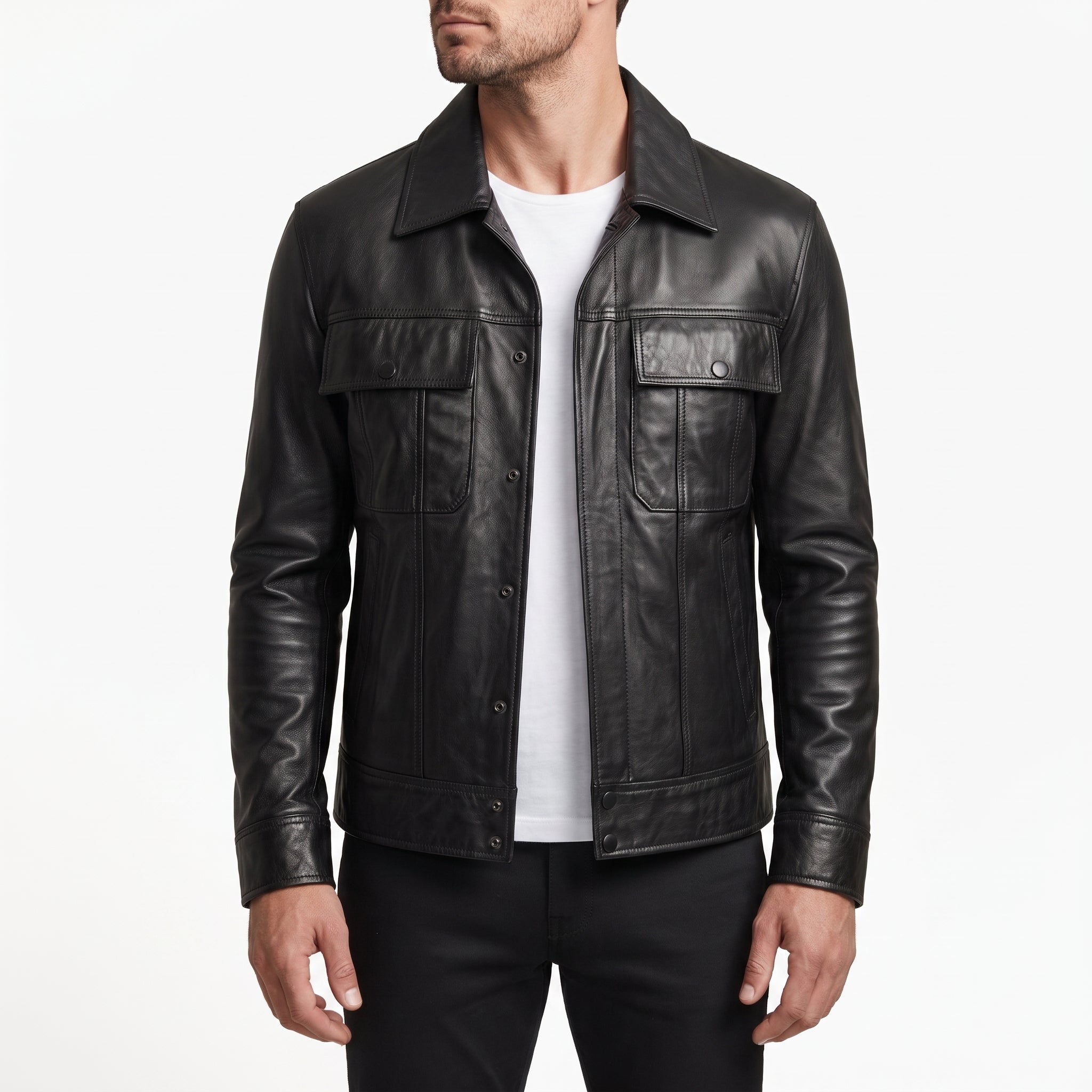 Men's Black Leather Trucker Jacket