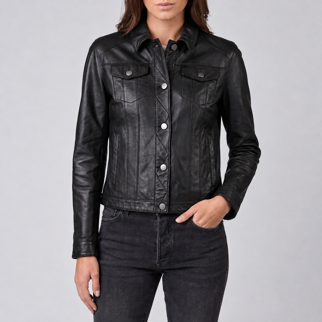 Black Leather Trucker Jacket - Women's Classic Snap Front Jacket