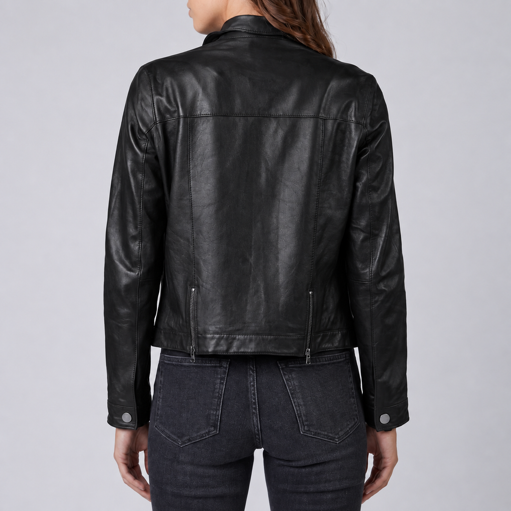 Black Leather Trucker Jacket - Women's Classic Snap Front Jacket