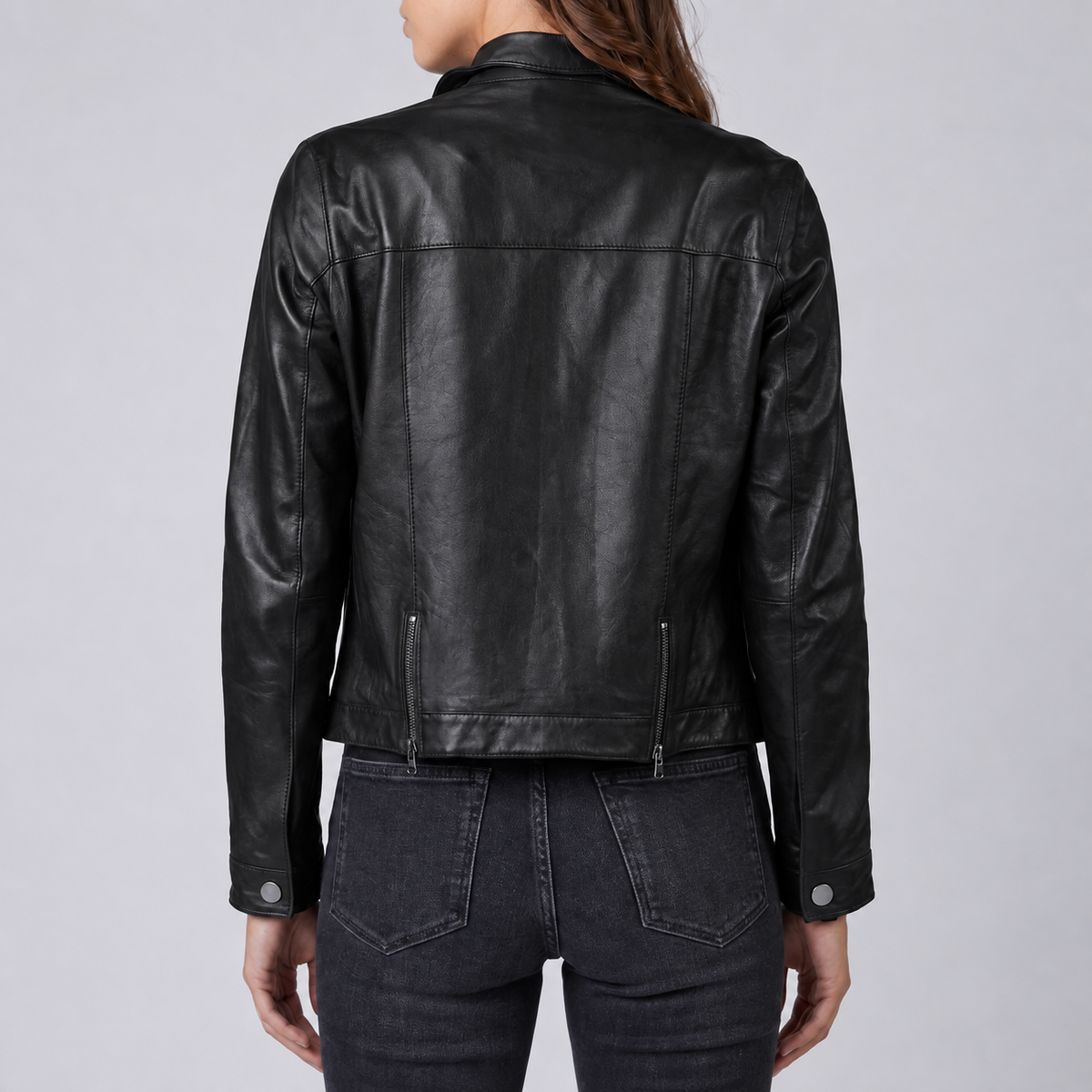 Black Leather Trucker Jacket - Women's Classic Snap Front Jacket