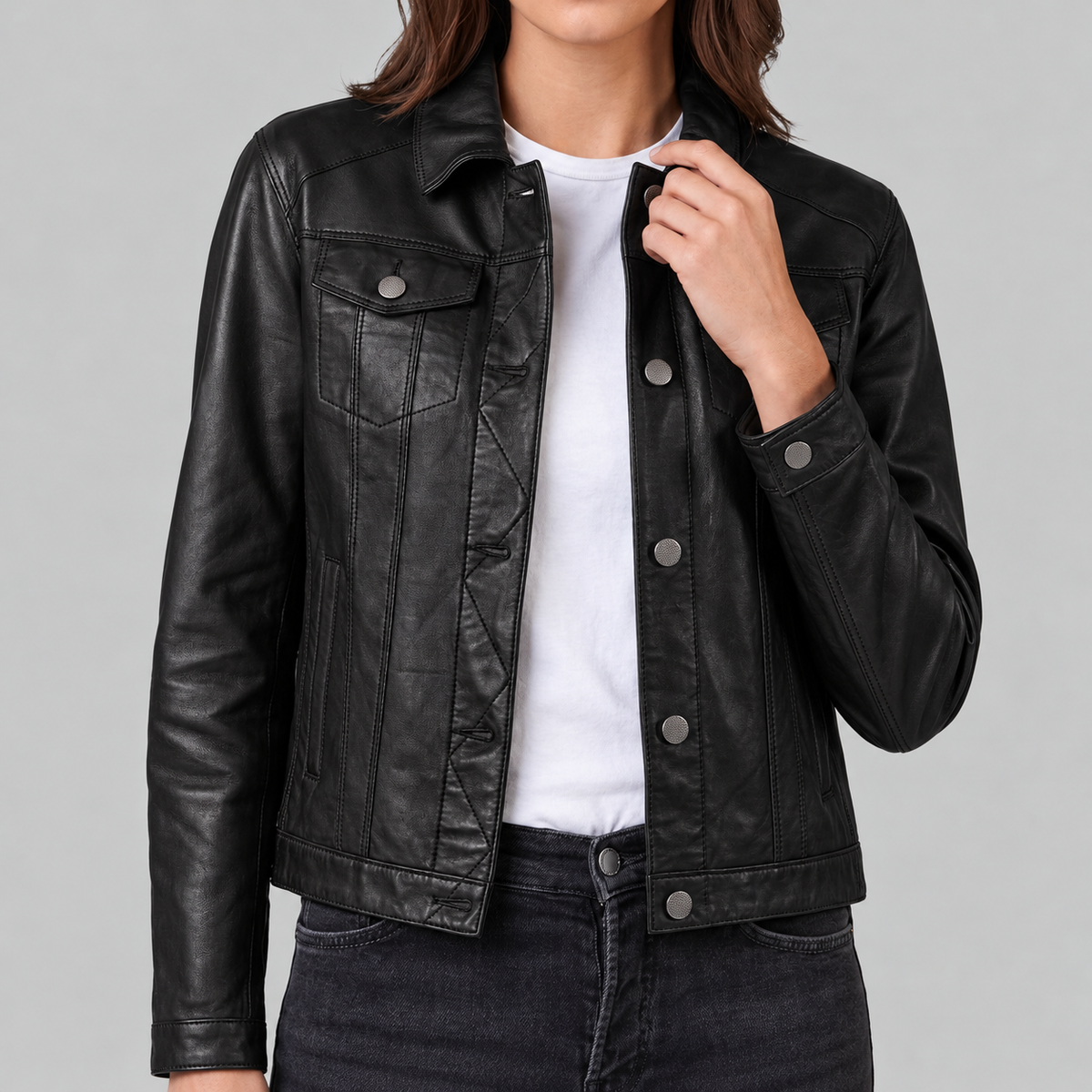 Black Leather Trucker Jacket - Women's Classic Snap Front Jacket