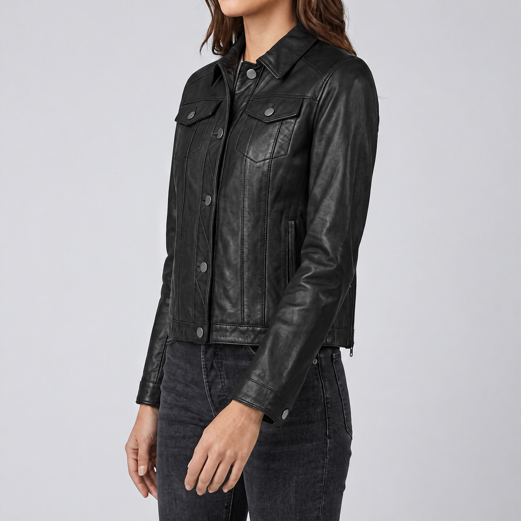 Black Leather Trucker Jacket - Women's Classic Snap Front Jacket