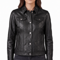 Black Leather Trucker Jacket - Women's Classic Snap Front Jacket