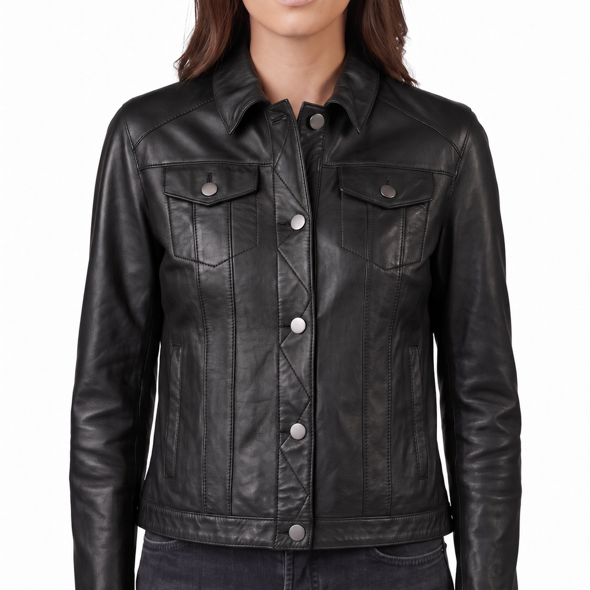 Black Leather Trucker Jacket - Women's Classic Snap Front Jacket