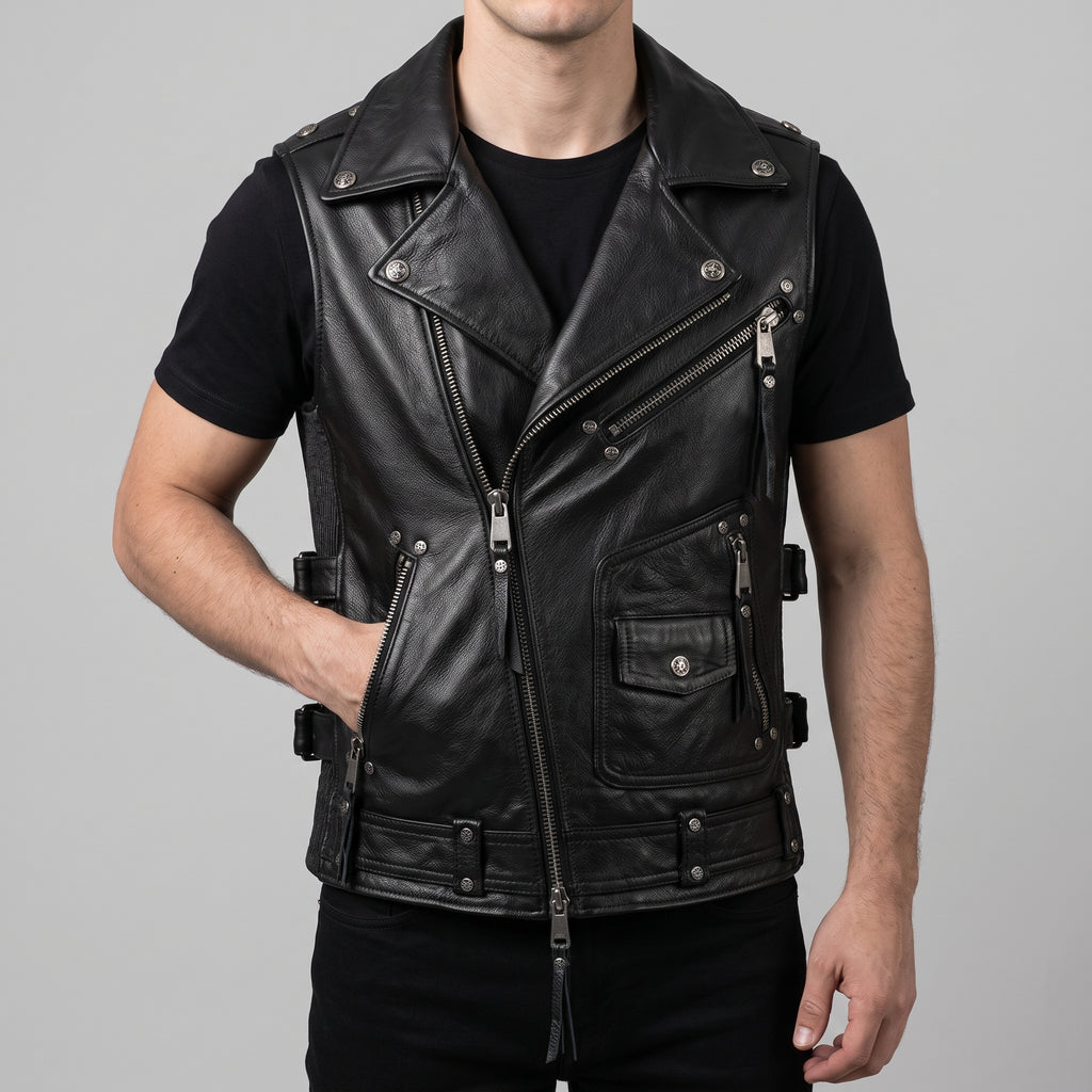 Black Leather Biker Vest — Men's Multi-Zip Moto Vest
