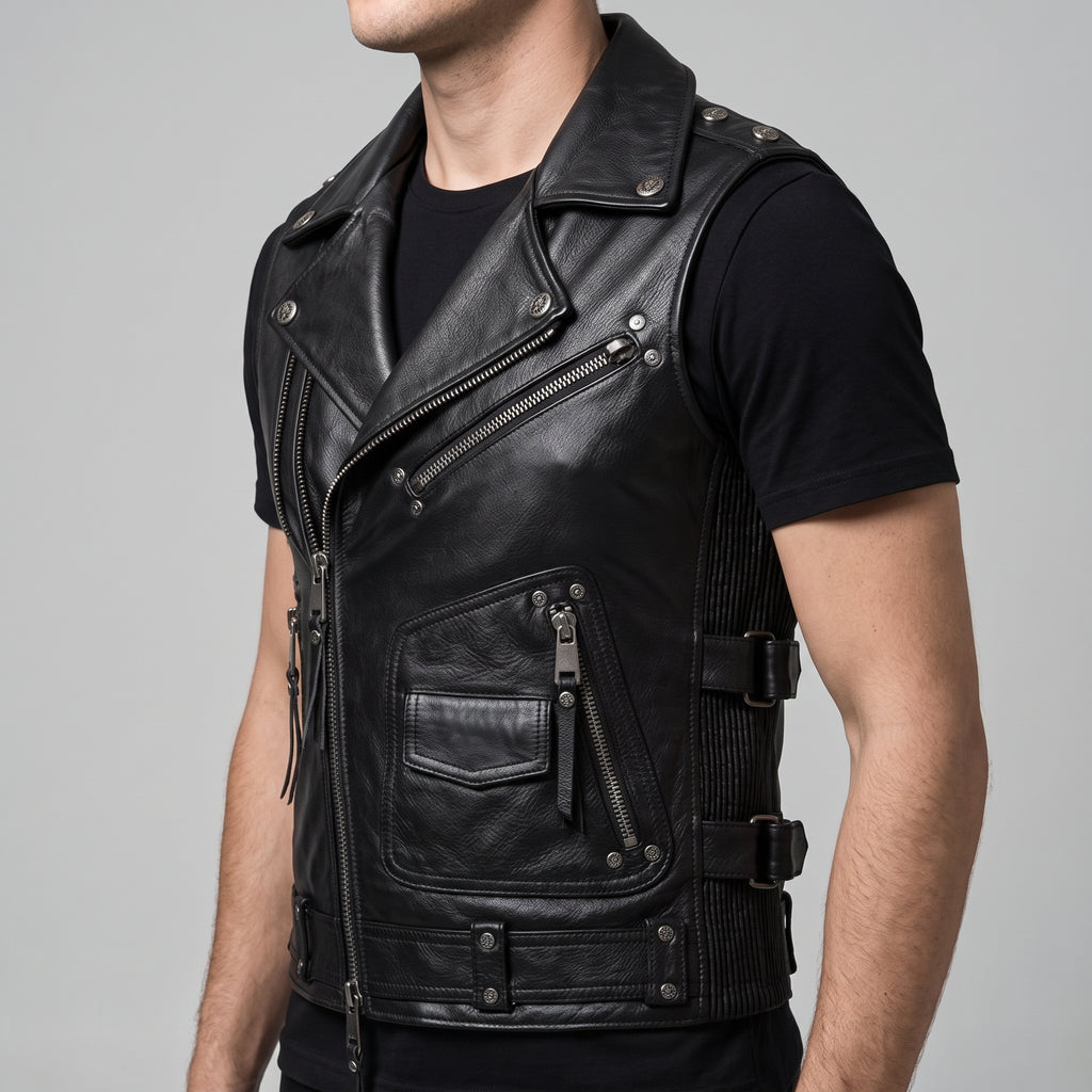 Black Leather Biker Vest — Men's Multi-Zip Moto Vest
