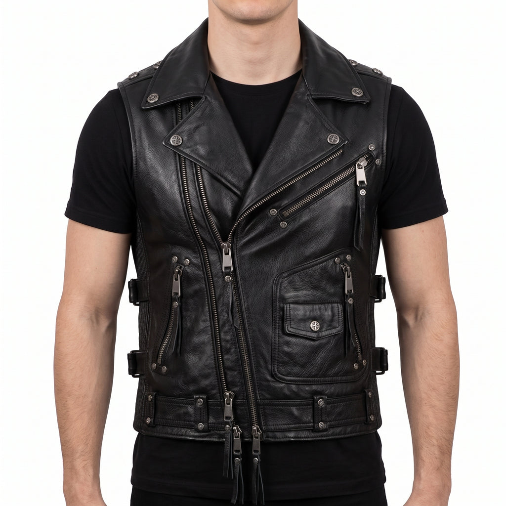 Black Leather Biker Vest — Men's Multi-Zip Moto Vest