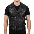 Black Leather Biker Vest — Men's Multi-Zip Moto Vest