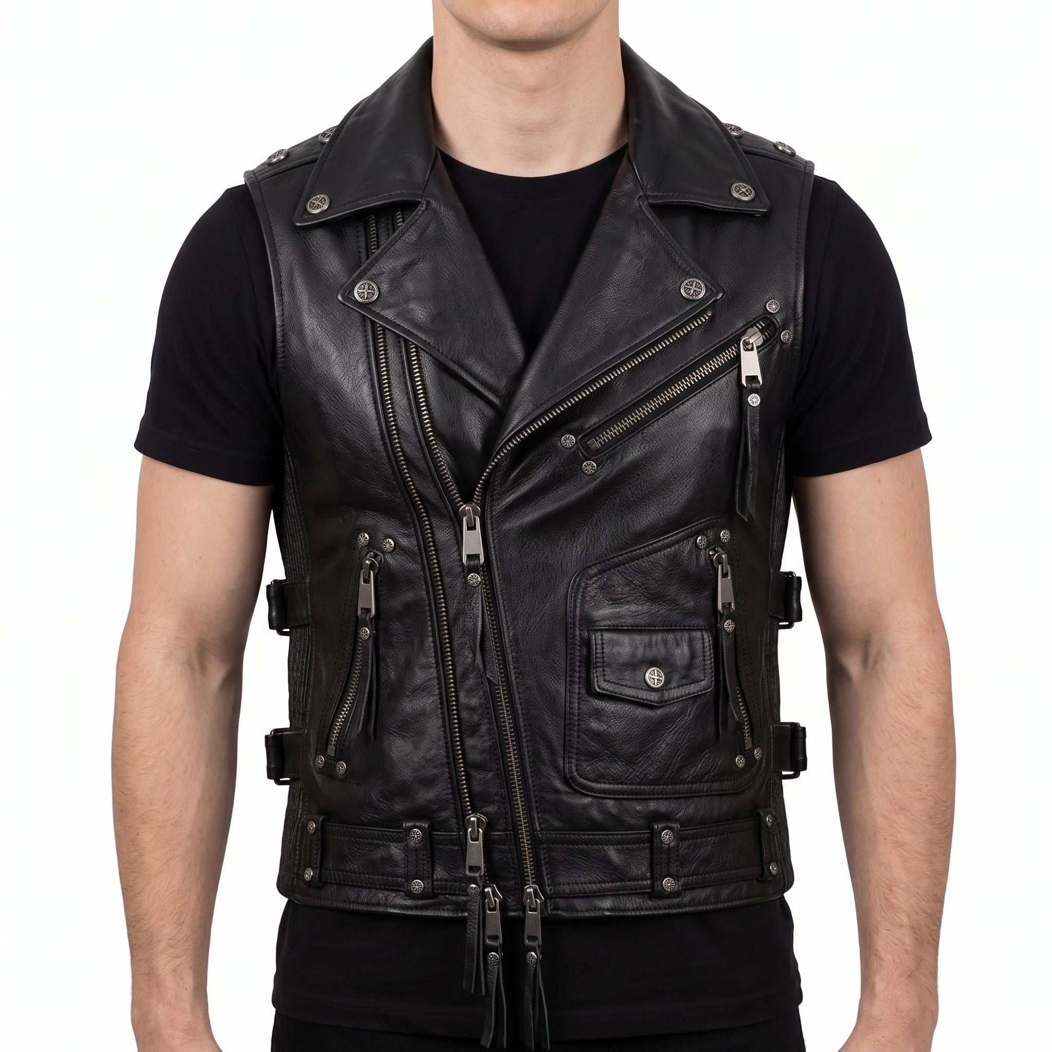 Black Leather Biker Vest — Men's Multi-Zip Moto Vest