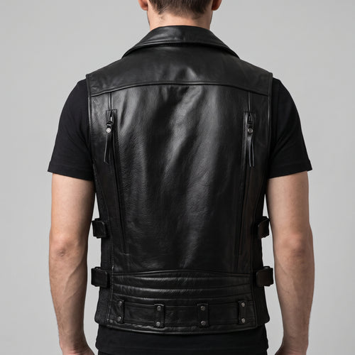 Black Leather Biker Vest — Men's Multi-Zip Moto Vest