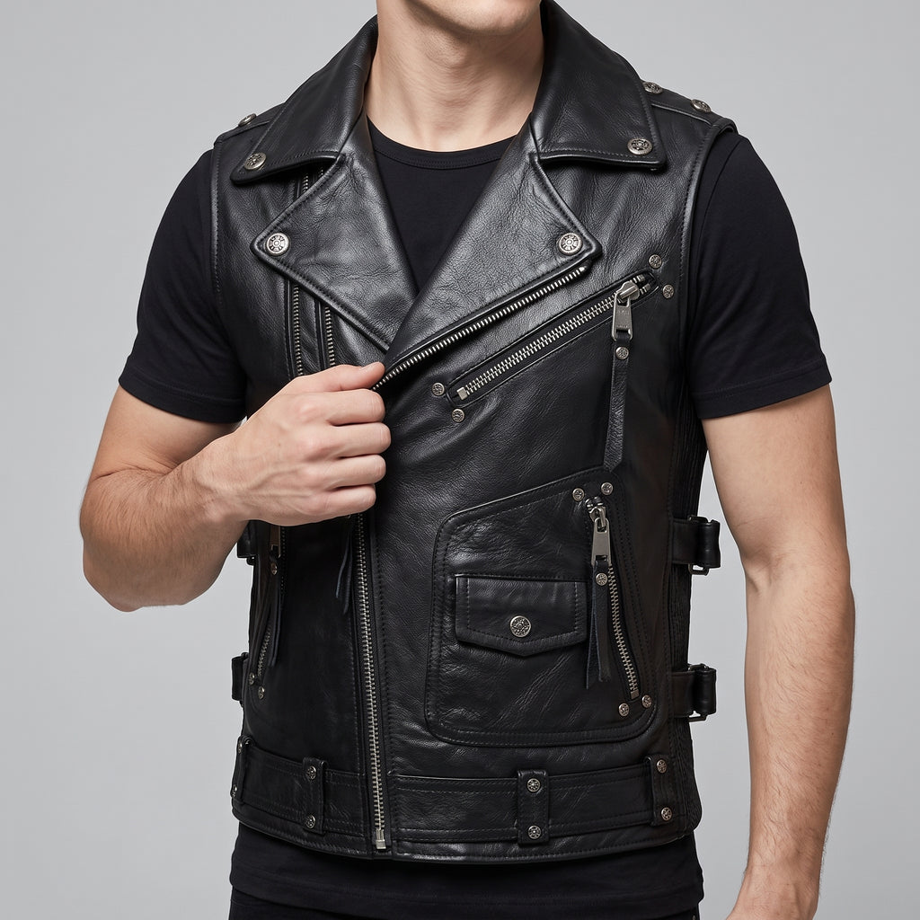 Black Leather Biker Vest — Men's Multi-Zip Moto Vest