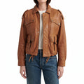 Brown Leather Utility Jacket - Women's Zip-Front Drawstring Jacket