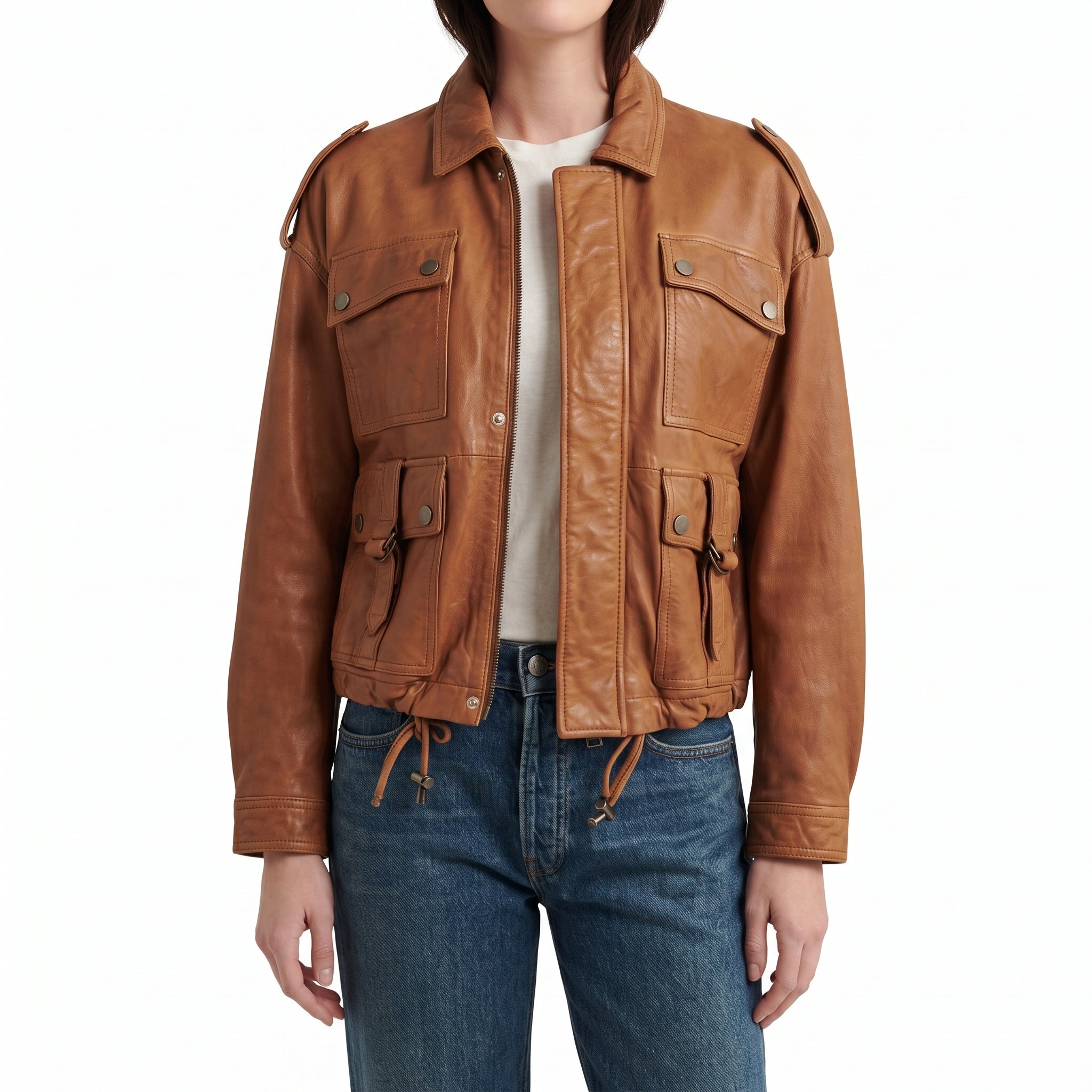 Brown Leather Utility Jacket - Women's Zip-Front Drawstring Jacket