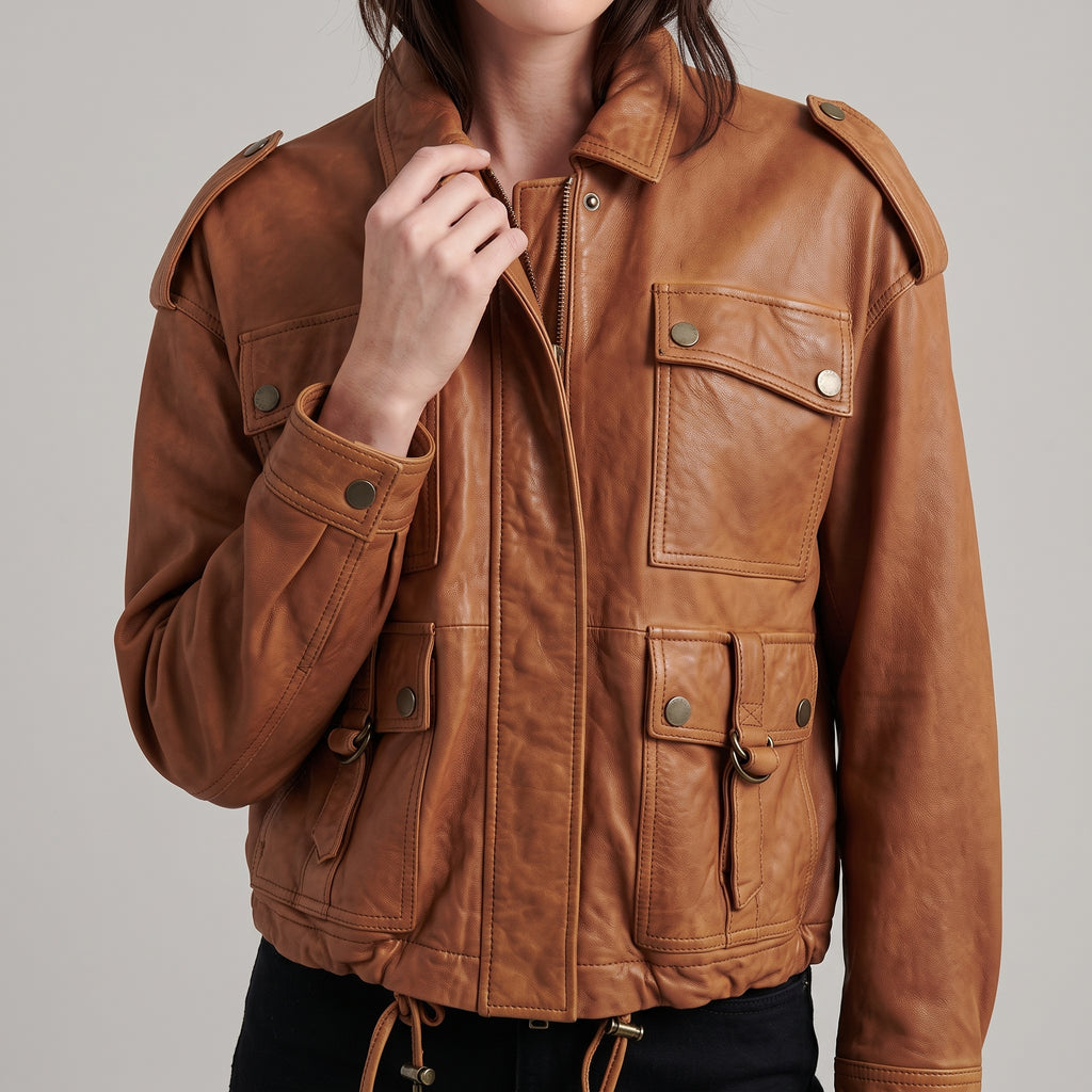 Brown Leather Utility Jacket - Women's Zip-Front Drawstring Jacket