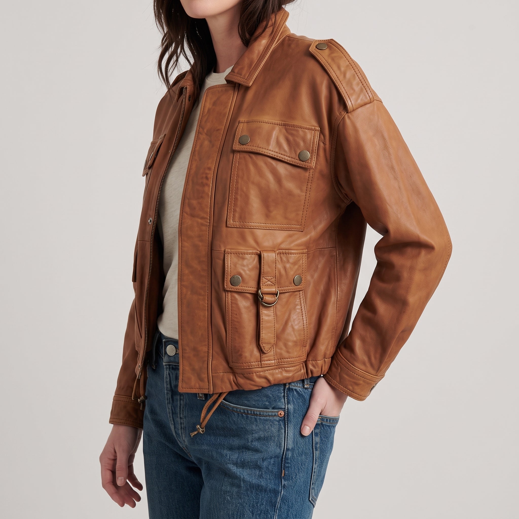 Brown Leather Utility Jacket - Women's Zip-Front Drawstring Jacket