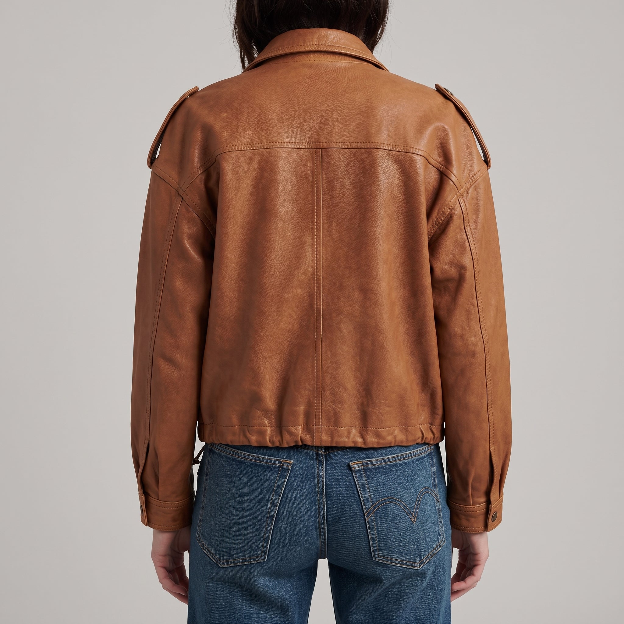 Brown Leather Utility Jacket - Women's Zip-Front Drawstring Jacket